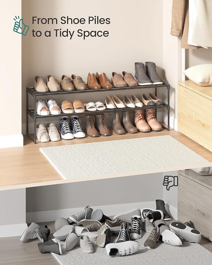 SONGMICS Shoe Rack, 2-Tier Shoe Organizer, Metal Storage Shelf | for Entryway, Upright or Upside Down, for 15-18 Pairs, Stackable, 11.8 x 46.1 x 14 Inches, Black ULSA032B01 - Image 9
