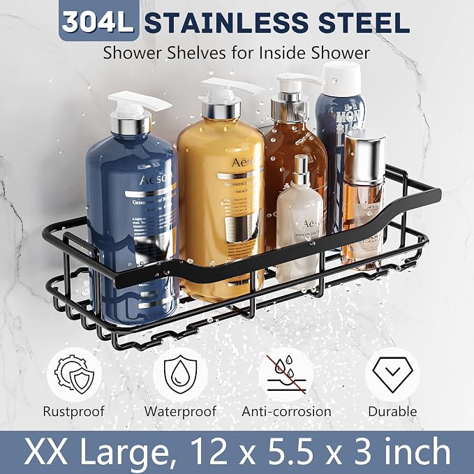 OMAIRA 3-Pack Shower Caddy with Soap Holder, Adhesive Rustproof No-drill Strudy Loading Inside Shower Organizer Shelves Rack Storage Bathroom Organization for Smooth Wall Glass Tile, Black (XX-Large) - Image 4