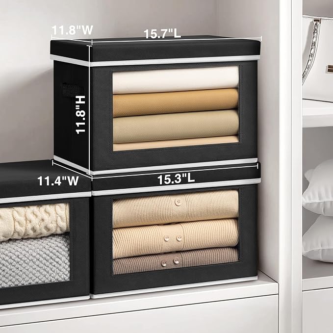 Homsorout Storage Bins with Lids, 4 Pack Large Storage Cubes with Window, Closet Bins with Lids & Handles, Fabric Box for Organizing Clothes, Towels, Books, Black - Image 2