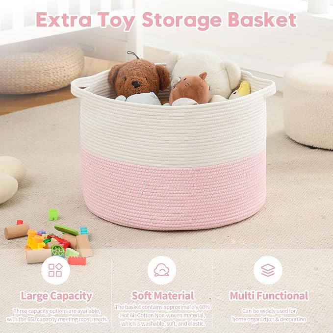 Foldable Laundry Hamper Basket with Collapsible Handle Cotton Rope Soft Woven Fabric Storage Organizer Clothes Toys Nursery Bedroom Dorm Space Saving Bin (White & Pink, 65L(19.7"D x 12.6"H)) - Image 4