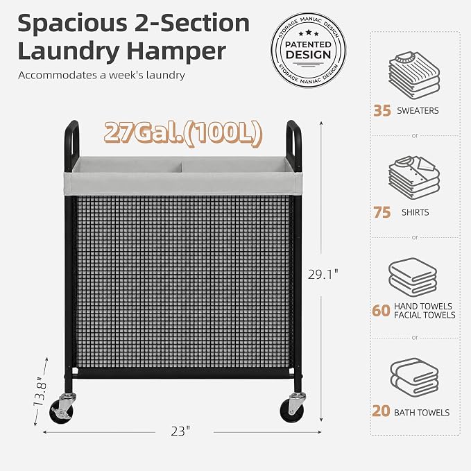 STORAGE MANIAC Rolling Laundry Hamper with Wheels 2-Section Laundry Sorter Rolling Laundrys Basket on Wheels with Removable Bag Clothes Hamper Laundrys Organizer Cart Bathroom Bedroom 100L Grey - Image 3