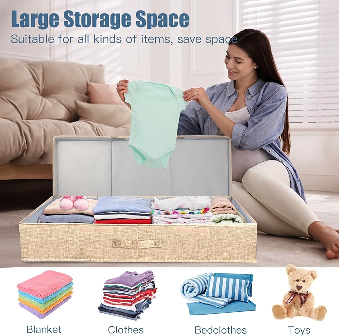 Supowin 2Pack Large Underbed Storage Containers Bin with Lids, Khaki | 6 Inches Tall Under Bed Storage Organizer Box with Handles, Foldable Closet Organizer for Clothes, Blankets, Seasonal Items - Image 5