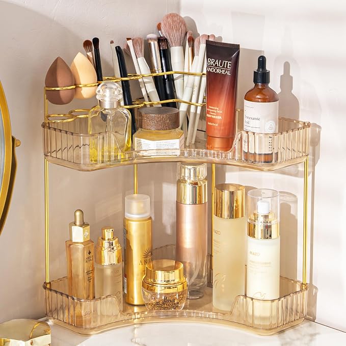 shuang qing Upgraded 2-Tier Corner Bathroom Countertop Organizer – Spacious Storage for Makeup, Skincare & Perfumes, Built-in Brush Holder Fits Vanity/Dresser/Bsthtub (Vintage Gold) by SHUANGQING