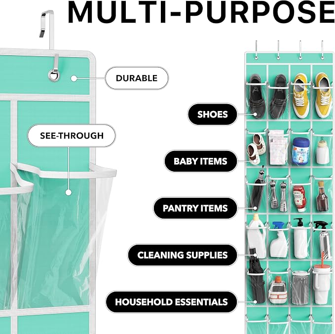 Simple Houseware 24 Pockets Clear Over the Door Shoe Organizer, Turquoise | 64" x 19", 4 Durable Metal Hooks, 4.3" x 9.5" Pocket Size, Multipurpose - Image 5