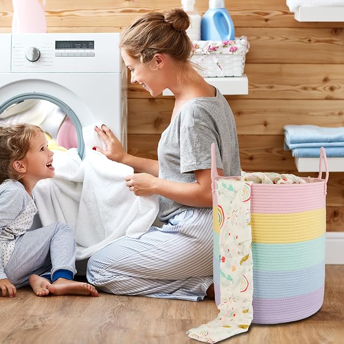 XUANGUO Rope Laundry Basket Hamper for Kids Girl, rainbow - Image 4