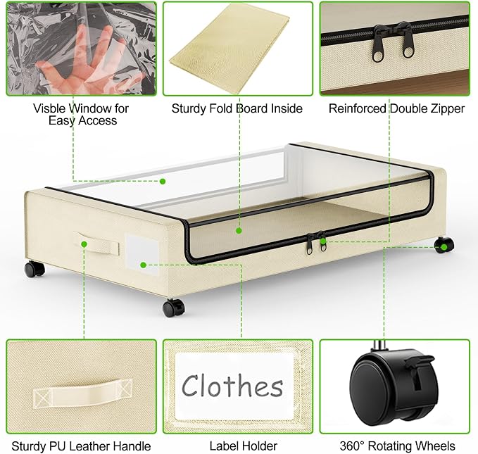 Molutsody Under Bed Storage with Wheels, 4-Pack UnderBed Storage Containers with Clear Lids, Under Bed Shoe Storage Organizer, Rolling Under Bed Storage for Clothes Shoes Blankets (Beige) - Image 4