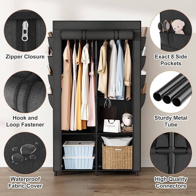 Portable Closet for Hanging Clothes, Portable Wardrobe Closet with Cover, 4 Storage Shelves, 2 Hanging Rods and 8 Side Pockets, Easy Assembly and Sturdy Free Standing Closet for Bedroom, Black - Image 4