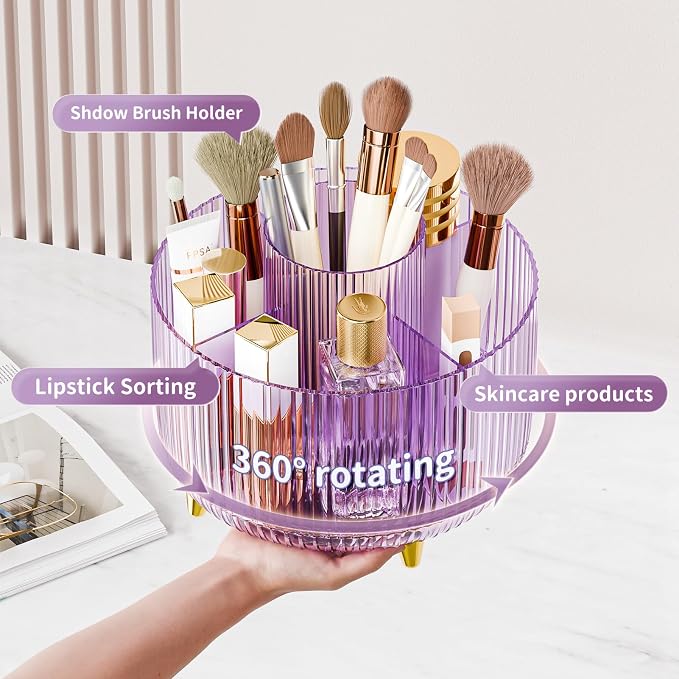 Clear Rotating Makeup Organizer Countertop for Vanity, 360° Makeup Brush Holder Organizer with 5 Compartments, Transparent Cosmetic Storage for Lipstick, Skincare, Bathroom Counter(Transparent Purple) - Image 2