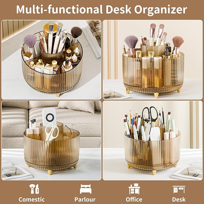 fanado 360° Rotate Makeup Brush Holder Organizer, Makeup Organizers Countertop, Makeup organization and Skincare Storage for Vanity, Desktop, Bathroom (Clear Amber) - Image 3