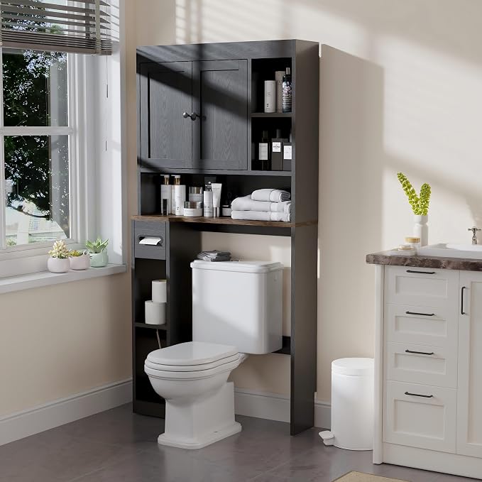 Over The Toilet Storage Cabinet with 7 Shelves, Imitation Walnut Grain Above Toilet Bathroom Organizer with Toilet Paper Holder Stand, Space Saver for Restroom, Laundry, Bathroom (Black) by Nivisre