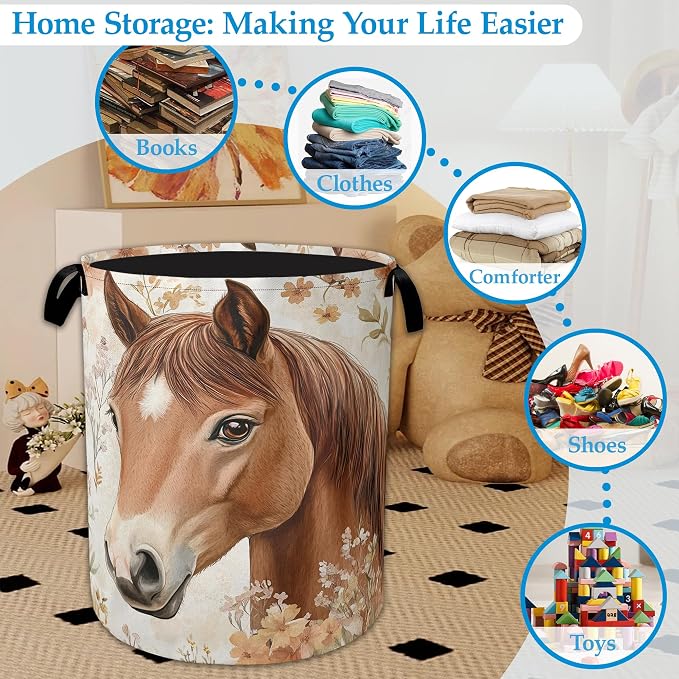 Horse Flowers Laundry Basket Collapsible Laundry Hamper Oxford Storage Bin for Clothes Storage, Organizer, Books and Sundries 16" X 20.8" - Image 5