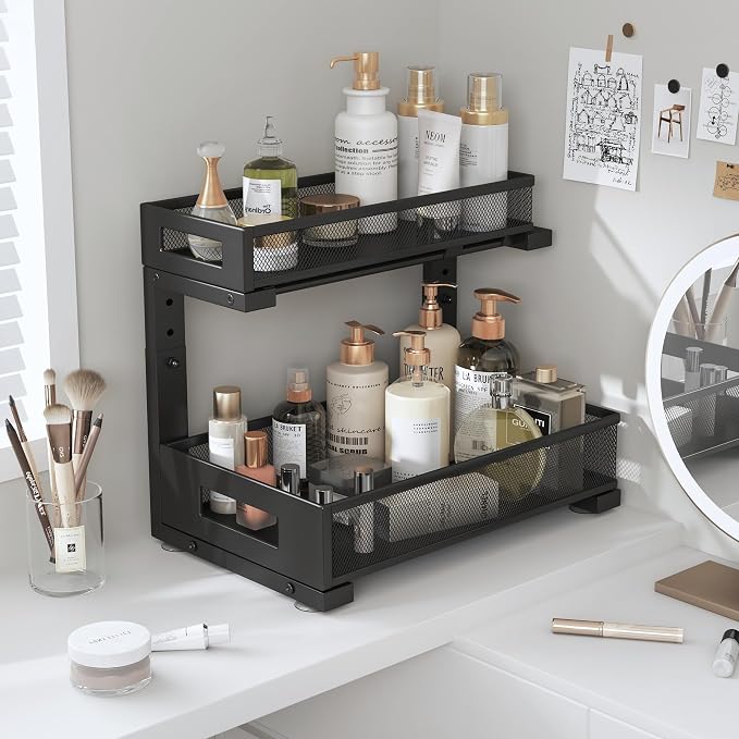 1 Pack-11.4"-16.14"H Under Sink Storage Organizer, Large 2-Tier Elegant Mesh Pull Out Shelf for Kitchen and Bathroom Cabinet Organization, L-Shaped and Adjustable Height Design for Maximum Space-Black - Image 7