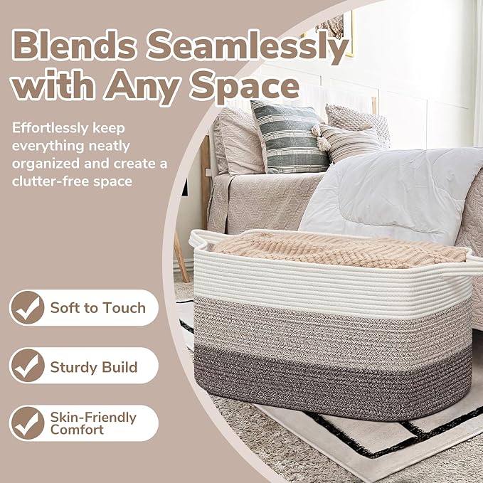 Goodpick Large Woven Rope Blanket Basket, Rectangle, White Brown - Image 5