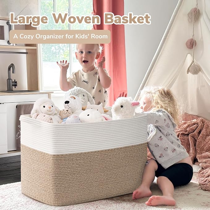 Goodpick 105L Extra Large Woven Rope Blanket Basket, White & Light Brown - Image 2