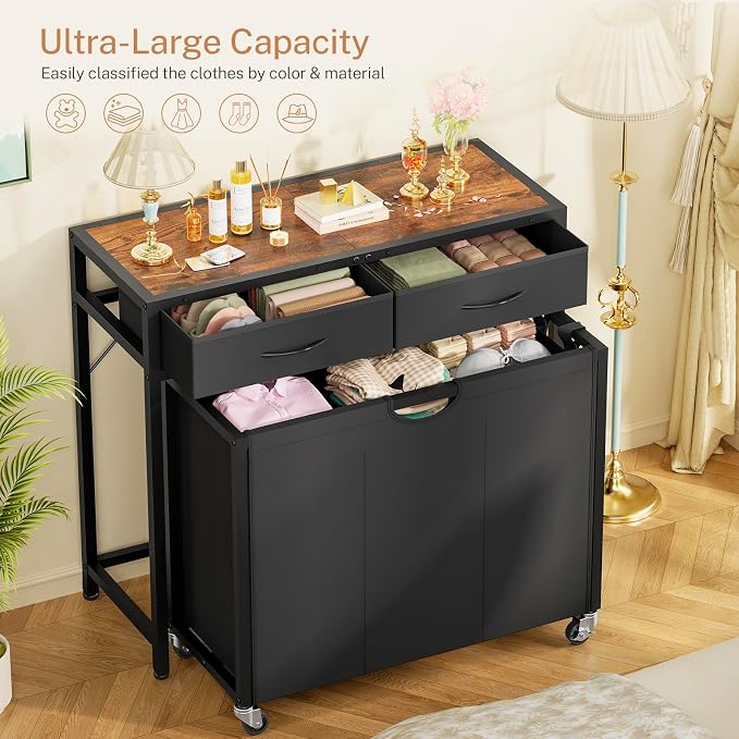 Laundry Sorter, Rolling Laundry Hamper with 3 Section Pull-Out Bags, Laundry Basket Organizer with 2 Drawers & 2-Tone Top Panel, Laundry Hamper with Wheels for Laundry Room Organization, Bathroom - Image 2