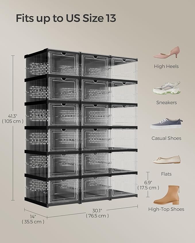 SONGMICS Foldable Shoe Boxes, 6-Tier for 18 Pack, Fit up to US size 13 - Image 6