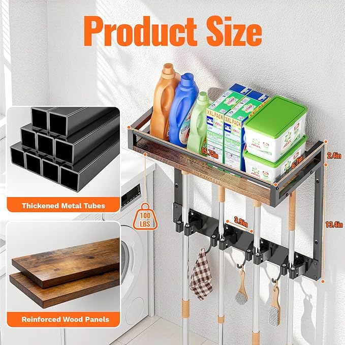 Broom Holder Wall Mount with Shelf, 15.7" Wx6.7 Dx15.7 H, 2 Packs - Image 2