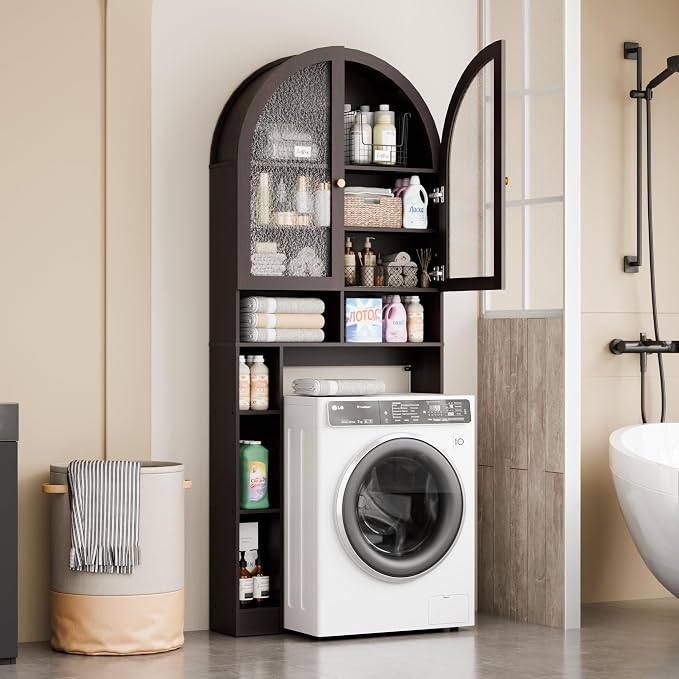 Over The Toilet Storage Cabinet, 29.7”W Modern Storage Cabinet Over Toilet with Acrylic Doors, Arched Freestanding Over Toilet Rack with Adjustable Shelf for Bathroom, Espresso - Image 3