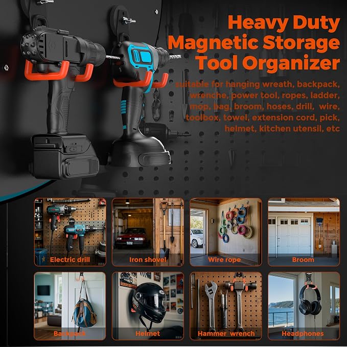 Large Strong Magnetic Hooks Heavy Duty Garage Big Magnet Hooks Extra Strength Magnetic Utility Storage Hook Hanger with Anti Slip Coating for Garden Indoor Outdoor Hanging Tools 2 Pcs Orange - Image 4