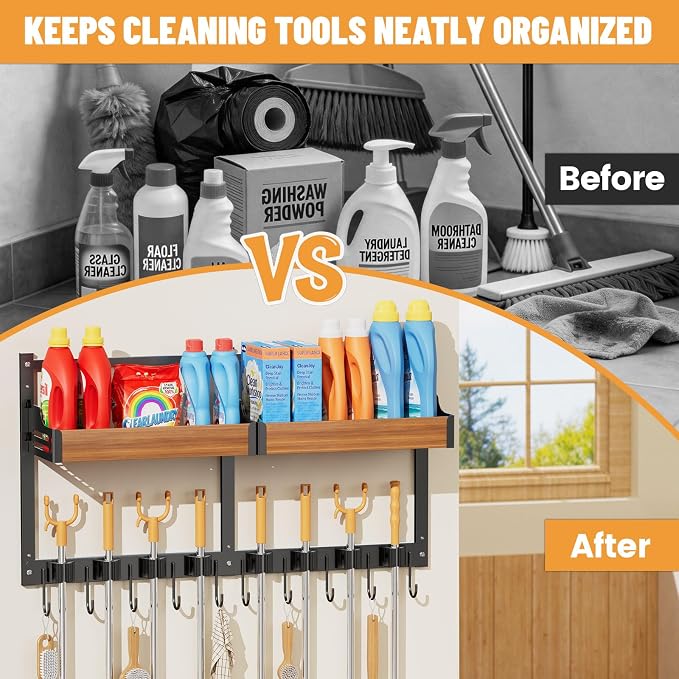 Broom and Mop Organizer Wall Hanging, Broom Holder Wall Mount with Cleaning Supplies Organizer, Broom Hanger Wall Mount with Storage Shelf and Hooks for Laundry Room Garage Kitchen - Image 5