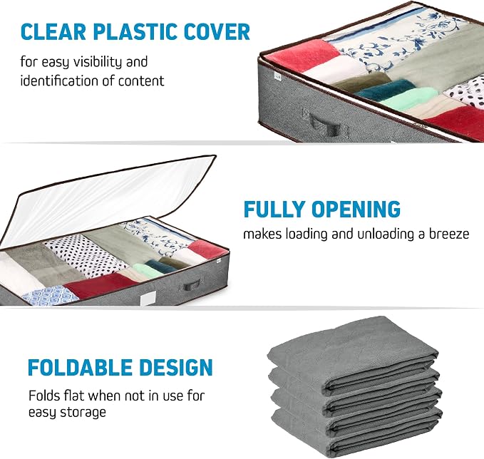 ZOBER Under Bed Storage Bags, Underbed Storage Containers, Gray, 90L 4-Pack | Non-woven fabric, foldable, clear top, dual zippers, reinforced handles, under bed storage containers for clothes, blankets - Image 4