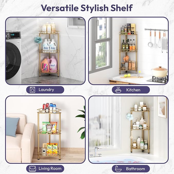 SWTYMIKI Standing Shower Caddy Corner - 3‑Tier Stainless Steel Shower Organizer Shelf with 12 Hooks and Adhesive Pads, Rustproof Corner Shelves Stand Rack for Bathroom Shower Room, Gold - Image 6