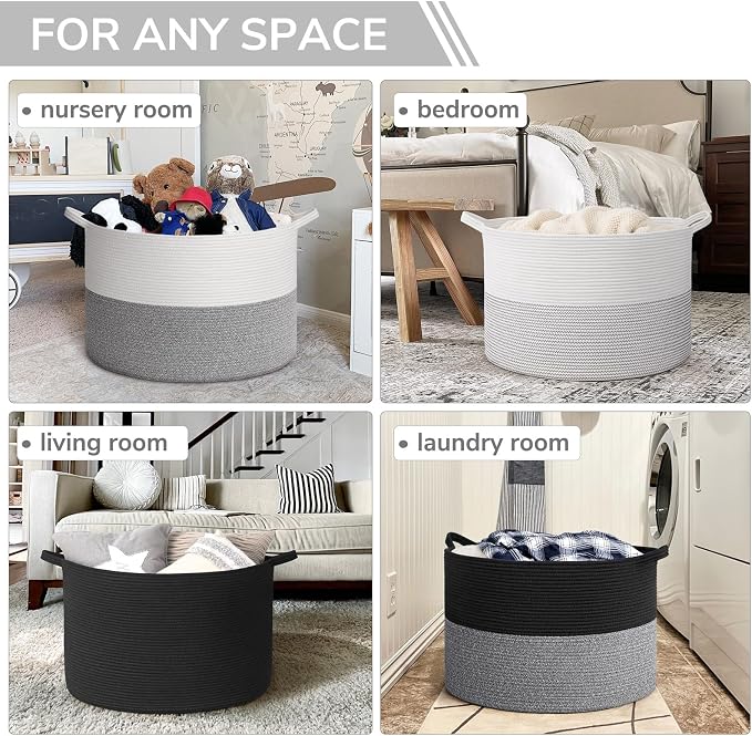 INDRESSME 115L Extra Large Woven Rope Blanket Basket Living Room, White - Image 4