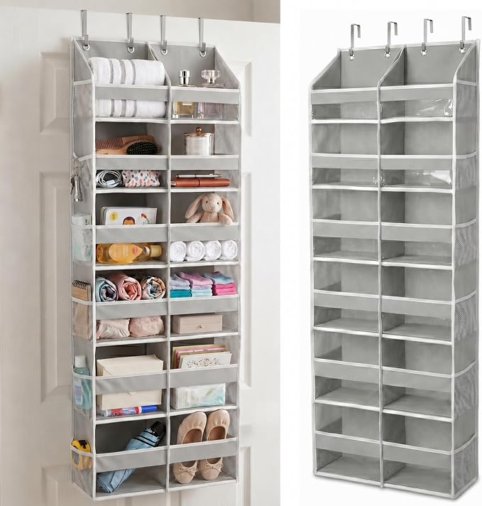 HOMELUX THEORY Over the Door Organizer, 6-Tier XL, 100D Fabric, Light Gray | Extra wide over the door organizer, 65 lb capacity, 12 side mesh pockets, heavy-duty 100D fabric, bedroom & nursery storage by HomeluxTheory