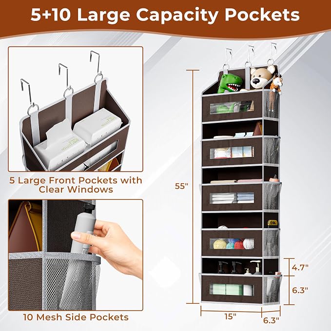 2 Pack 5 Tier Over the Door Organizer Space-Saving Storage for Any Room | Brown Hanging Closet Organizer with 10 Mesh Pockets and Clear Windows, Closet Organizers and Storage for Bathroom, Bedroom - Image 2