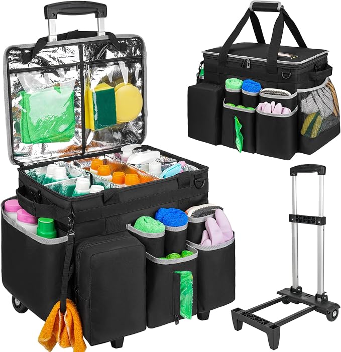 Cleaning Cadddy Bag with Rolling Cart, Lareg Cleaning Bag with Wheels by Jaffzora