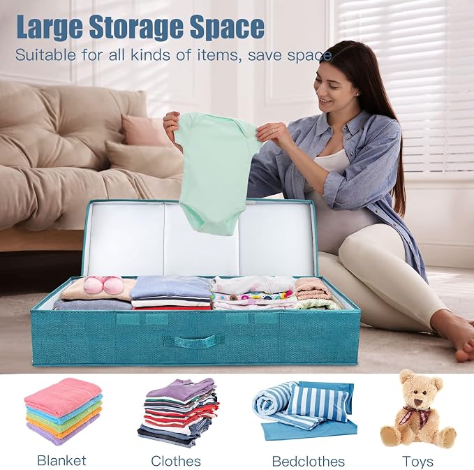 Supowin 2Pack Large Underbed Storage Containers Bin with Lids, Cyan Blue | 6 Inches Tall Under Bed Storage Organizer Box with Handles, Foldable Closet Organizer for Clothes, Blankets, Seasonal Items - Image 5