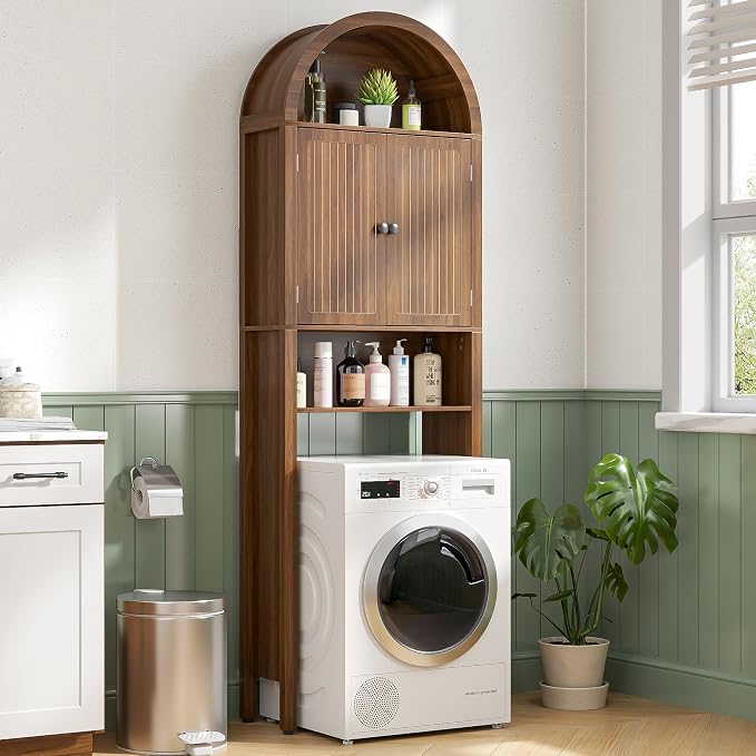 Arched Over The Toilet Storage Cabinet with Fluted Doors, 4 Tier Small Bathroom Shelf Organizer, Mid Century Modern Bathroom Cabinet with Adjustable Shelf, Slim Narrow Arch Toilet Rack, Walnut - Image 4