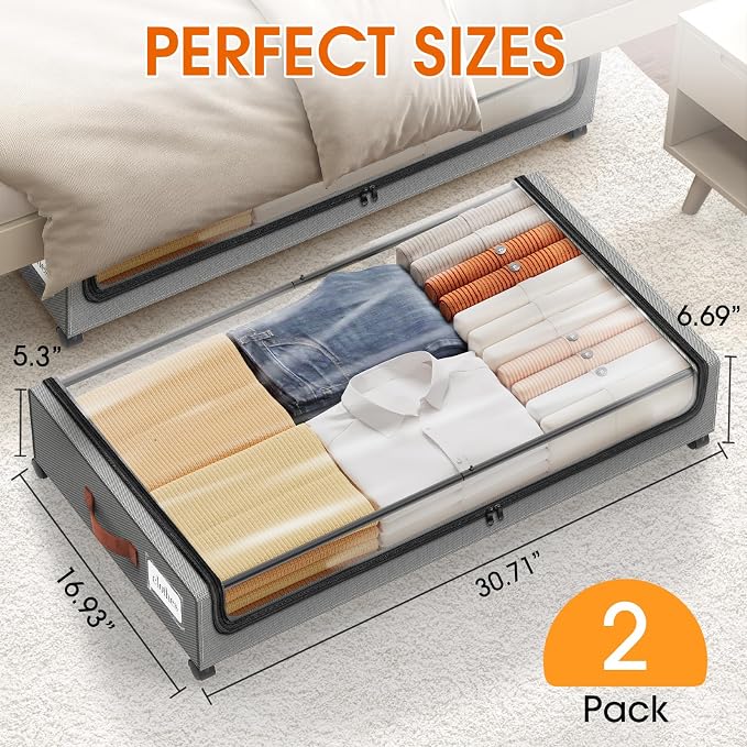 Under Bed Storage with Wheels 2Pack Storage Containers with Clear Window | Under Bed Drawers Rolling Under Bed Storage for Clothes,Shoes, Blankets (30.71 x 16.93 x 6.69 in, Light Grey) - Image 2
