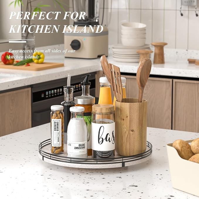 AMH 16-Inch Whitewashed Farmhouse Oak Lazy Susan Organizer - Image 2