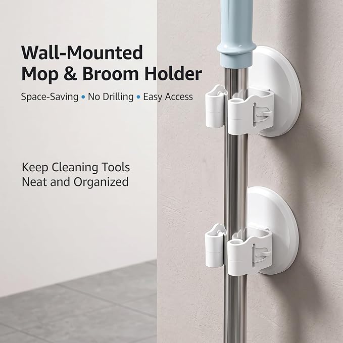 Broom Holder Wall Mount Adhesive 3 Pack Mop Holder Wall Mount, Broom Gripper, Broom and Mop Organizer Wall Hanging, No Drill Broom Hanger for Bathroom, Kitchen, Laundry Room, Garage Holds up to 4 lb - Image 2