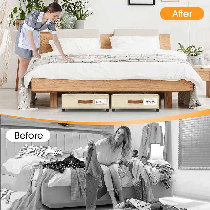 Under Bed Storage with Wheels 2Pack Storage Containers with Clear Window | Under Bed Drawers Rolling Under Bed Storage for Clothes,Shoes, Blankets (30.71 x 16.93 x 6.69 in, Beige) - Image 6