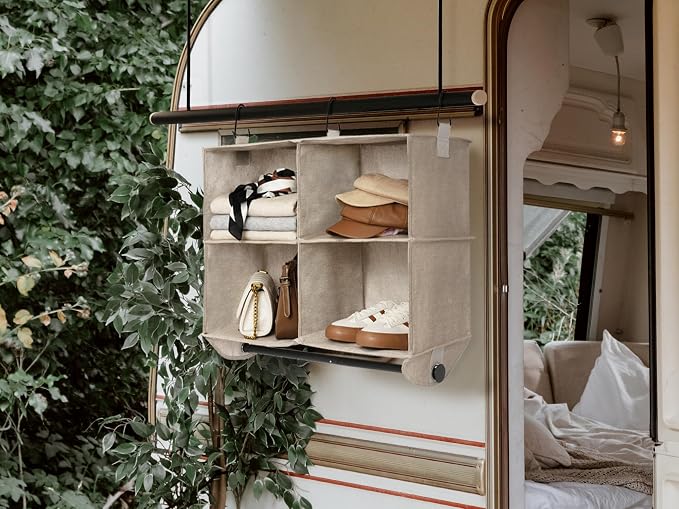 StorageWorks Hanging Closet Organizer with Rod, 4 Sections, 2 Tiers, Brown | Maximize Closet Space with 4 Open Sections and Built-in Rod for Hanging Clothes Below - Image 7