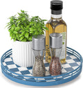 Blue and White Checkerboard Lazy Susan with Rubberwood Base and Metal Rail by AMH