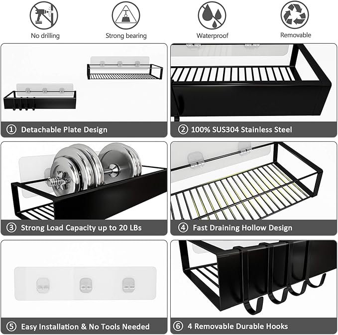 Shower Caddy, Adhesive Shower Organizer with Hooks, Shower Shelves for Inside Shower, No Drilling Shower Rack Holder, Shower Storage for Bathroom, Kitchen Spice Rack-2 Pack Black - Image 3