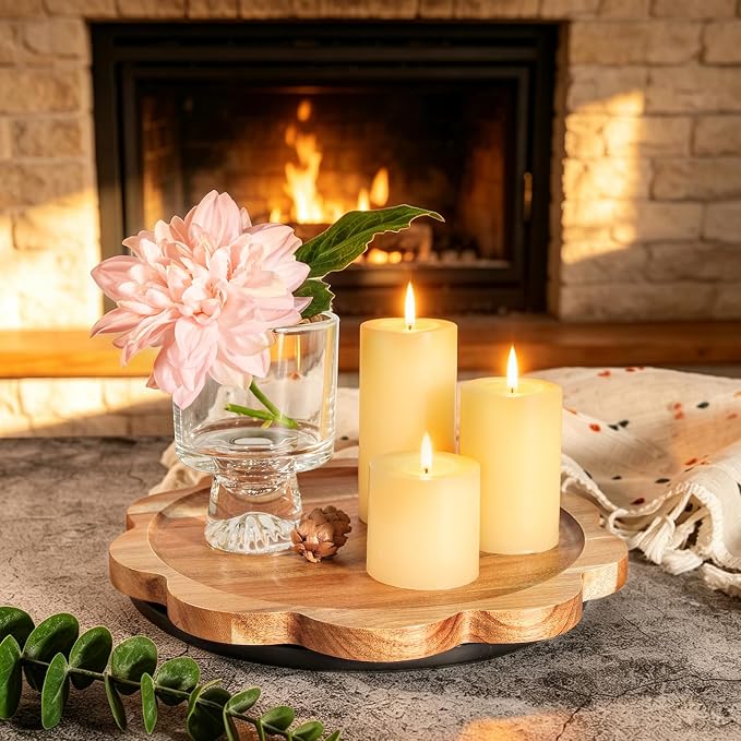 WLWNWFT Lazy Susan Turntable Organizer 10in, Acacia Wood Flower Shape Rotating Tray Candle Decoration Tray Centerpiece for Coffee Table, Candle Holder Display, Spice Rack, Pantry Organiser - Image 6