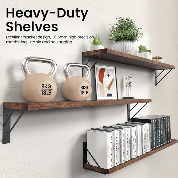 BAYKA Wall Shelves for Bedroom Decor, Wood, Rustic Brown, Set of 3, 36in - Image 5
