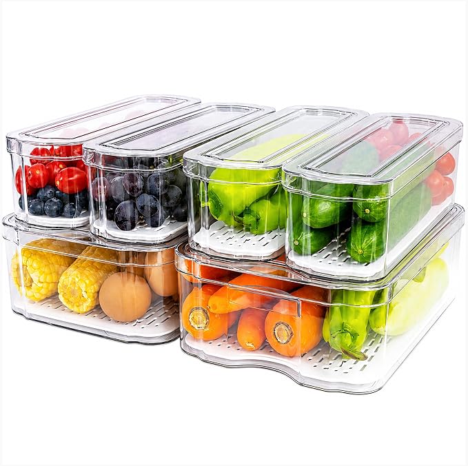 SMRCAD 6 Pack Clear Fridge Organizer Bins with Drain Trays - Stackable by SMRCAD