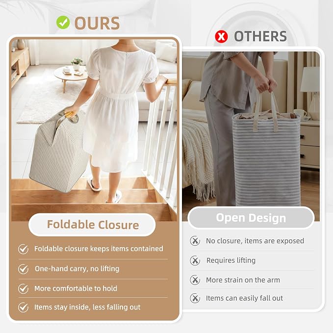 STORAGE MANIAC 2-Pack Large Laundry Hamper, 100L (26.4 Gal) Collapsible Laundry Basket with Bamboo Handles, Freestanding Waterproof Clothes Hamper for Laundry Room, Bedroom, Dorm, Towels, Stripe - Image 8