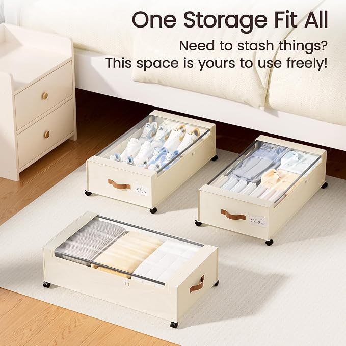 Yecaye 82L Under Bed Storage Containers, Fits 9.4" Under Bed, 2 Pack, Beige | XXL Capacity, 360° Rolling Wheels, Sturdy Metal Frame, Clear Window & Label, Storage Bins for Clothes, Shoes, Blankets - Image 7