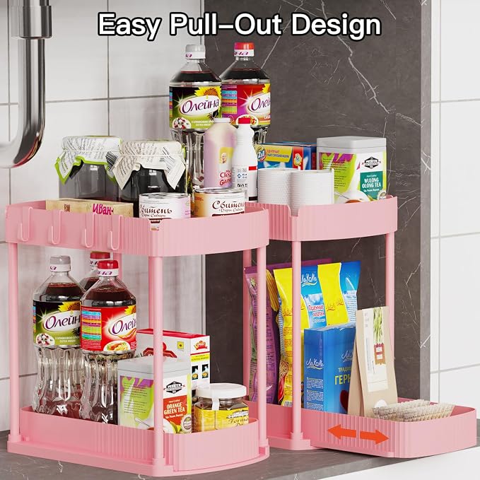 2 Packs Under Sink Pull-Out Storage Organizers, 12.8 Inches, Pink - Image 4