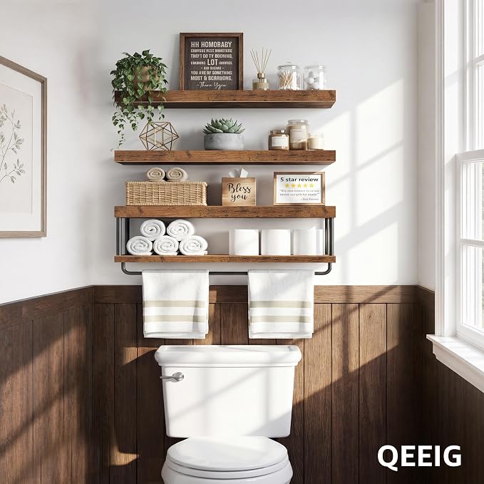 QEEIG Bathroom Floating Shelves Over Toilet - Wall Mounted Shelf Toilet Paper Storage Farmhouse 32 inch Long Set of 3, Rustic Brown (027-80BN3) - Image 5