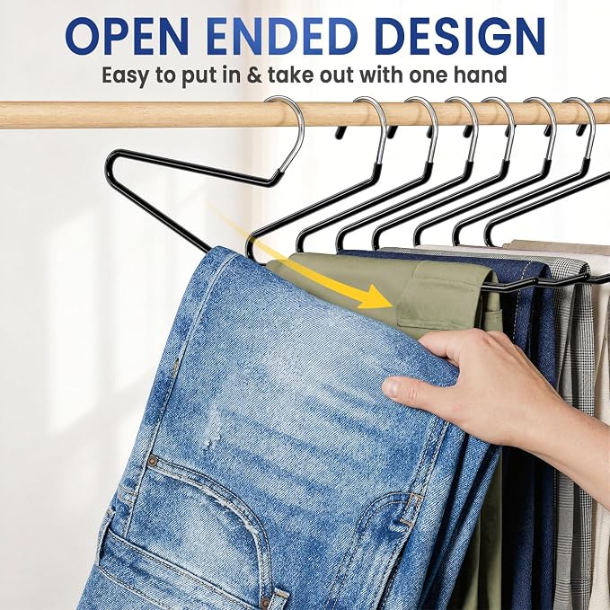 DAMITA Open Ended Pants Hangers - Non Slip Heavy Duty Metal Hangers 20 Pack - Space Saving Jeans Trousers Blanket Organizer for Closet - 7 lbs Load Capacity Rubber Coating Black - Image 7