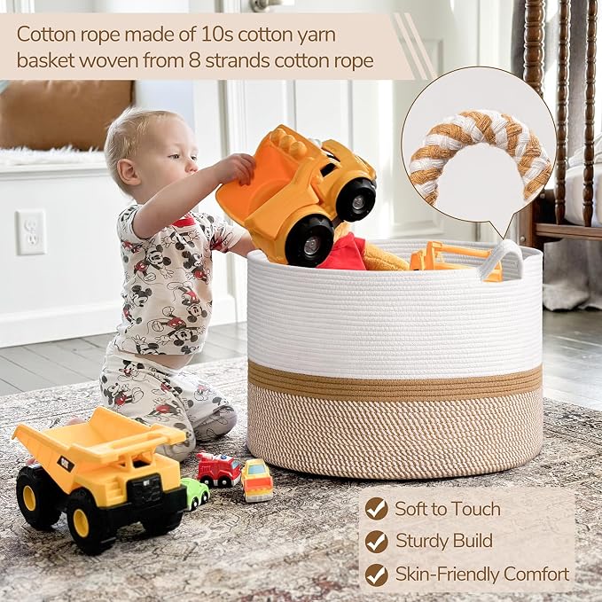 INDRESSME XXXLarge Woven Rope Blanket Basket Living Room White Camel, 90L - Image 4