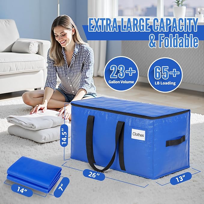 BAGAIL Heavy Duty Moving Bags with Strong Handle, Extra Large Moving Boxes, Storage Tote for Clothes, College Moving Supplies(Blue, 8 Pack) - Image 2