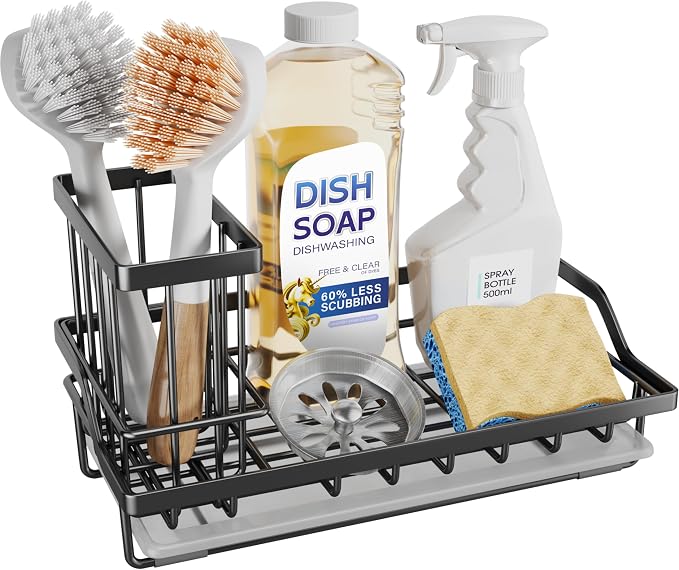 SWTYMIKI Large Sink Caddy Kitchen Sink Organizer with Detachable Brush Holder, Stainless Steel Sponge Holder with Removable Drip Tray Sponge Caddy for Kitchen Countertop, Black by SwtyMiki-TidyHomeSweetLife
